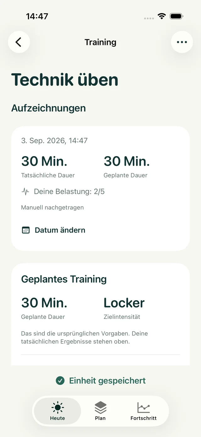 Rowivo Trainingsverlauf mit aufgezeichneten Einheiten und Rückmeldungen