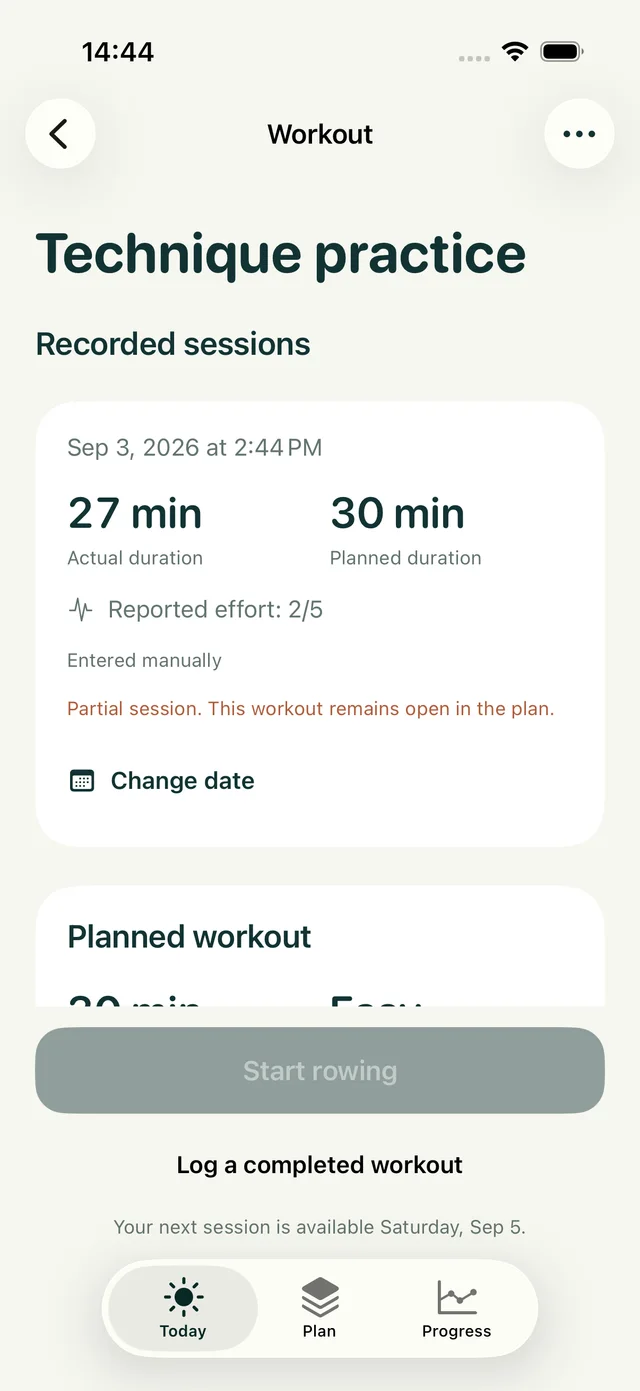 Rowivo training history with recorded workouts and feedback