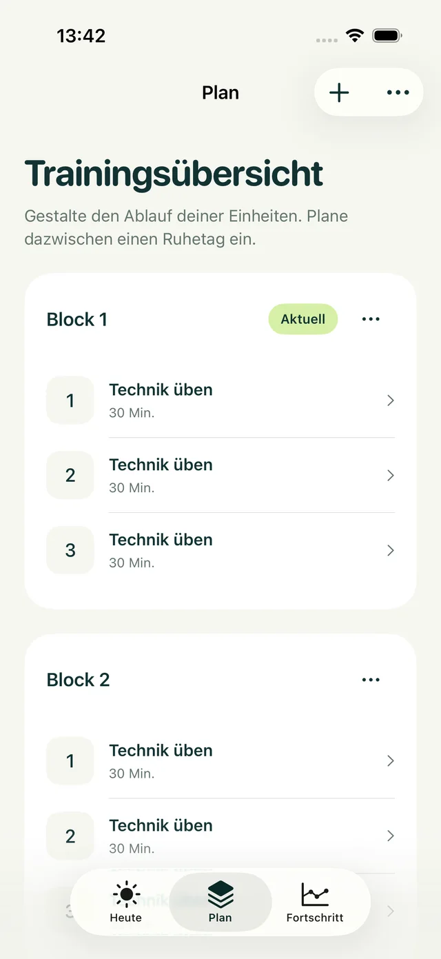 Trainingsplan in Rowivo mit Blöcken und einzelnen Einheiten