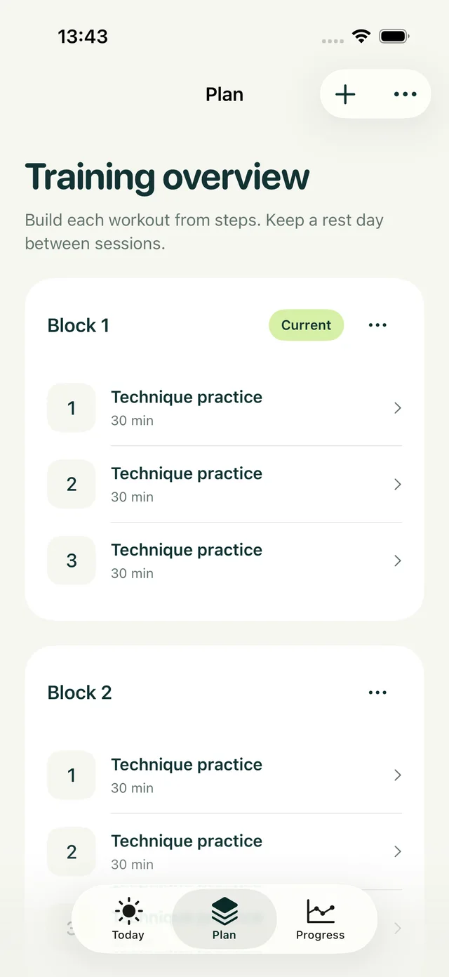 Rowivo training plan organised into blocks and individual sessions