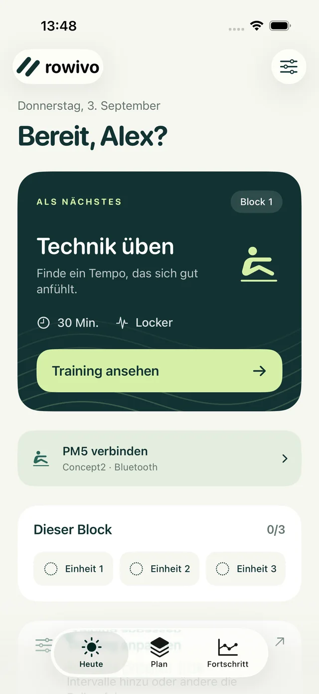 Rowivo auf dem iPhone: die nächste geplante Rudereinheit auf der Heute-Seite