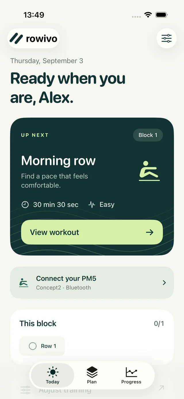 Rowivo on iPhone: the next planned rowing session on the Today screen