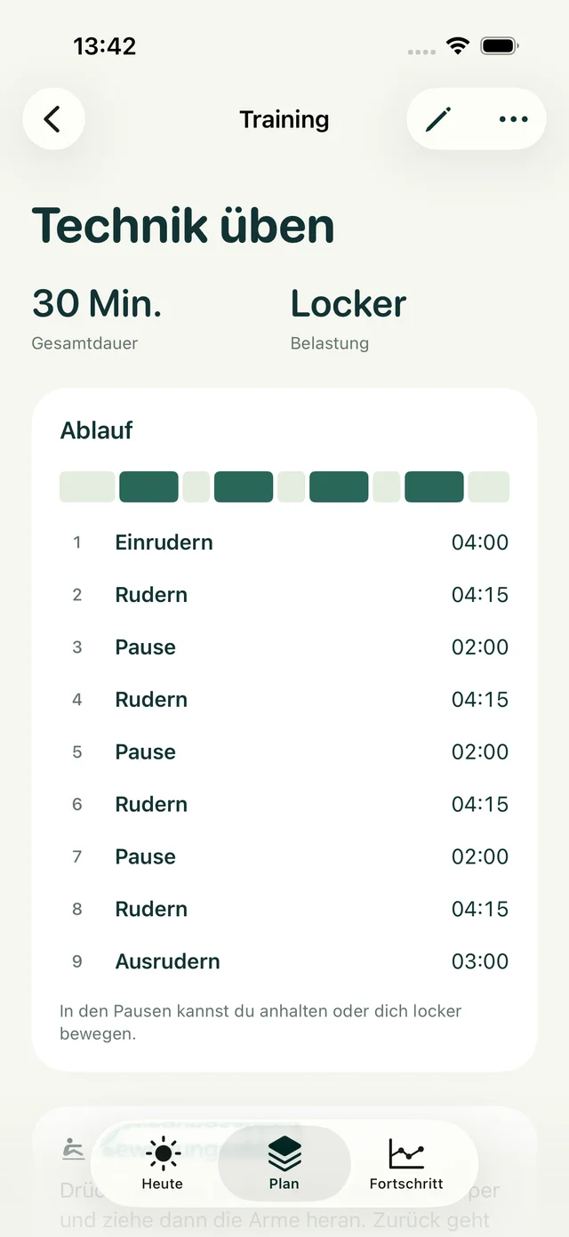 Detailansicht einer Rudereinheit mit Dauer und Trainingsabschnitten