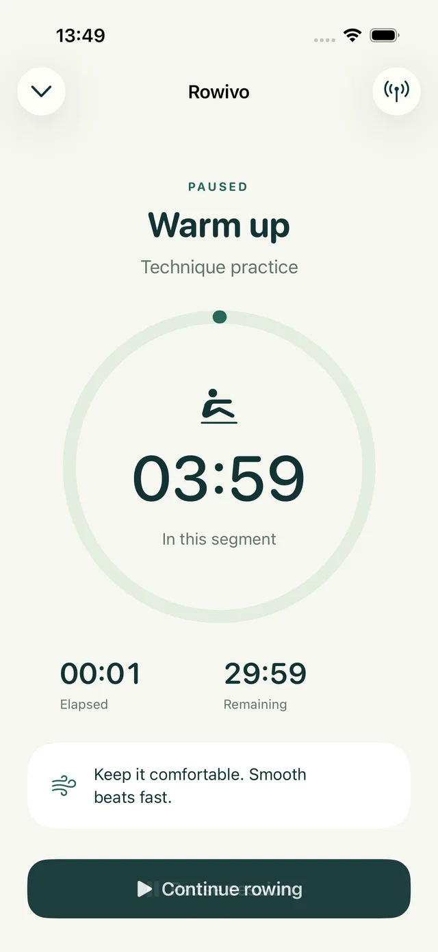 Rowivo workout details showing the duration and training segments